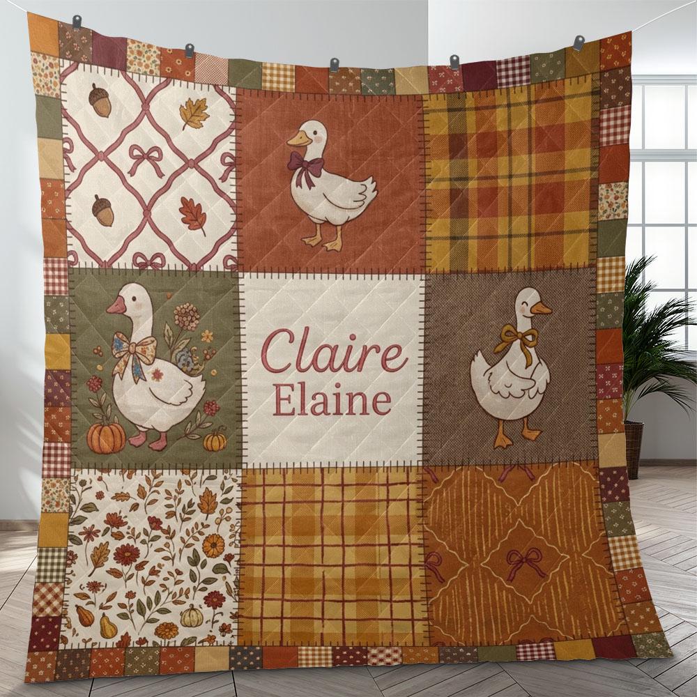 Personalized Goose Blanket, Custom Name Fall Quilt, Autumn Patchwork Throw, Farmhouse Nursery Gift
