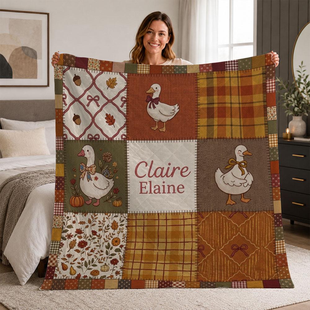 Personalized Goose Blanket, Custom Name Fall Quilt, Autumn Patchwork Throw, Farmhouse Nursery Gift