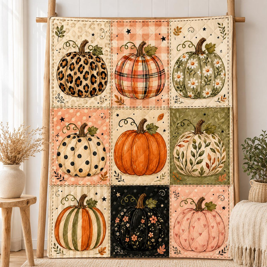 Pumpkin Patchwork Quilt Blanket, Rustic Fall Halloween Throw for Cozy Autumn Decor