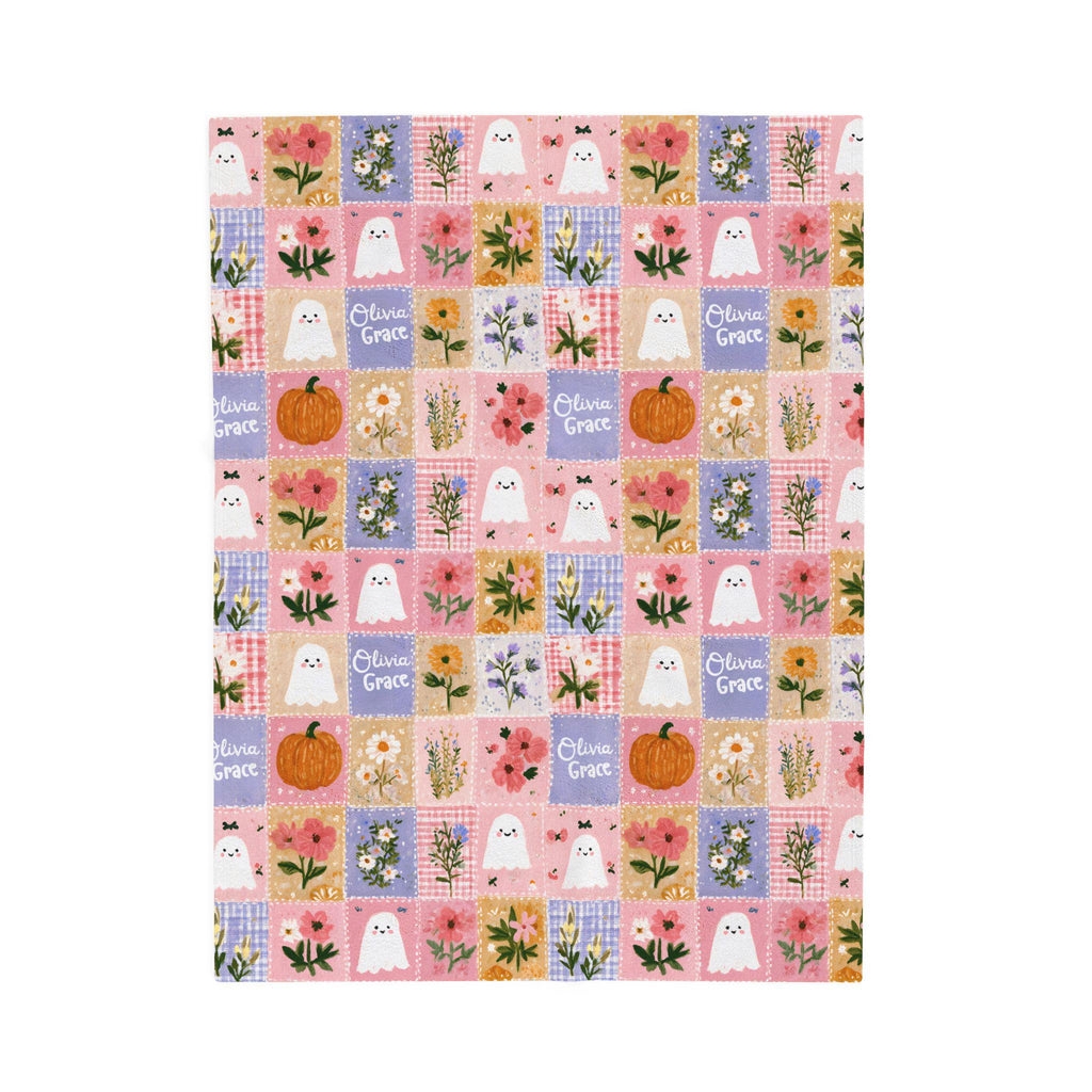 Personalized Patchwork Pumpkin Ghosts Velveteen Blanket | Cozy Fall Halloween Throw