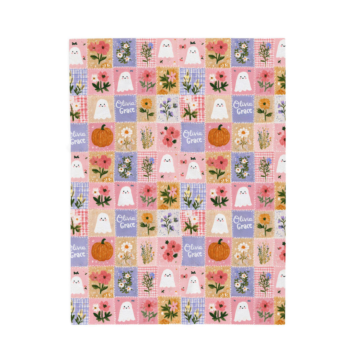 Personalized Patchwork Pumpkin Ghosts Velveteen Blanket | Cozy Fall Halloween Throw