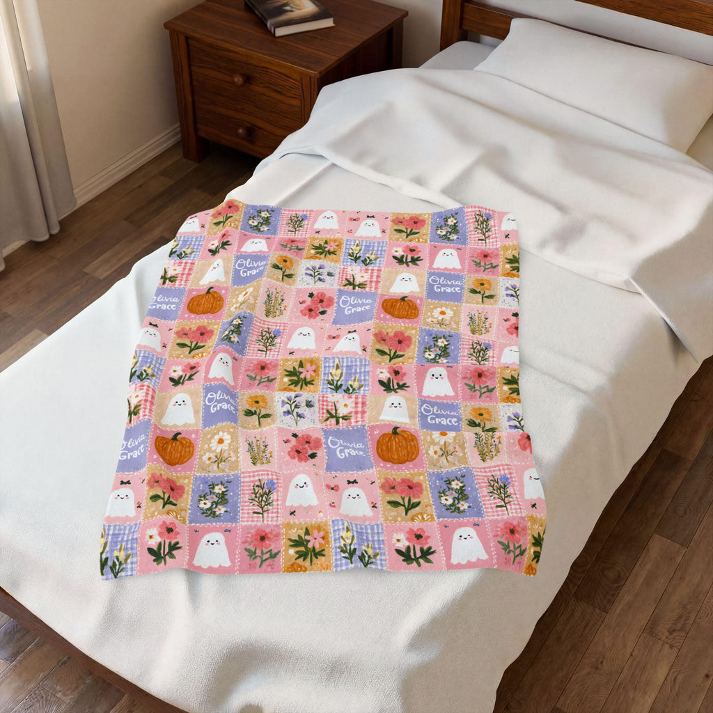 Personalized Patchwork Pumpkin Ghosts Velveteen Blanket | Cozy Fall Halloween Throw