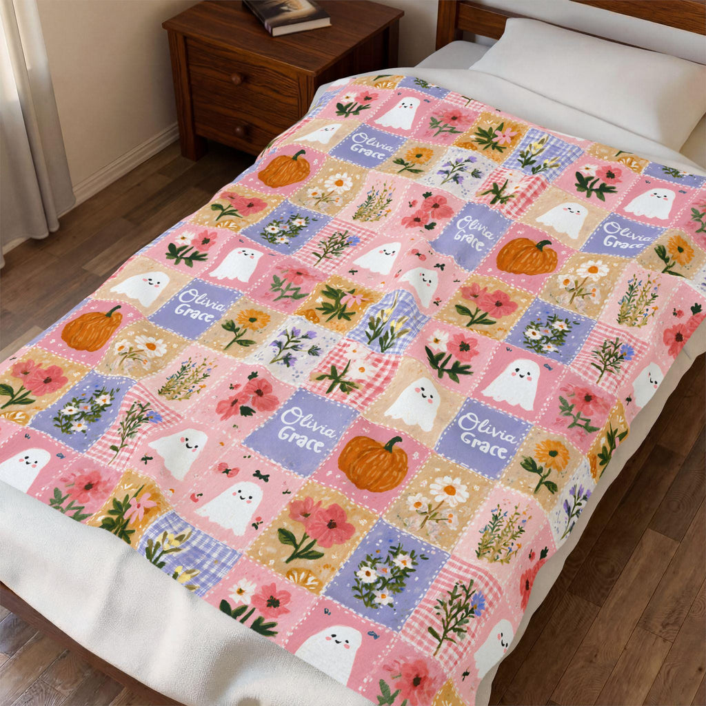 Personalized Patchwork Pumpkin Ghosts Velveteen Blanket | Cozy Fall Halloween Throw