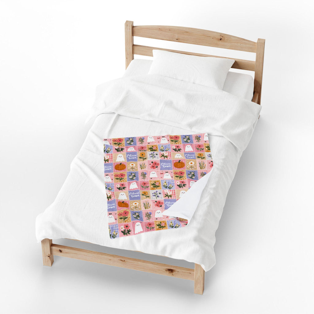 Personalized Patchwork Pumpkin Ghosts Velveteen Blanket | Cozy Fall Halloween Throw