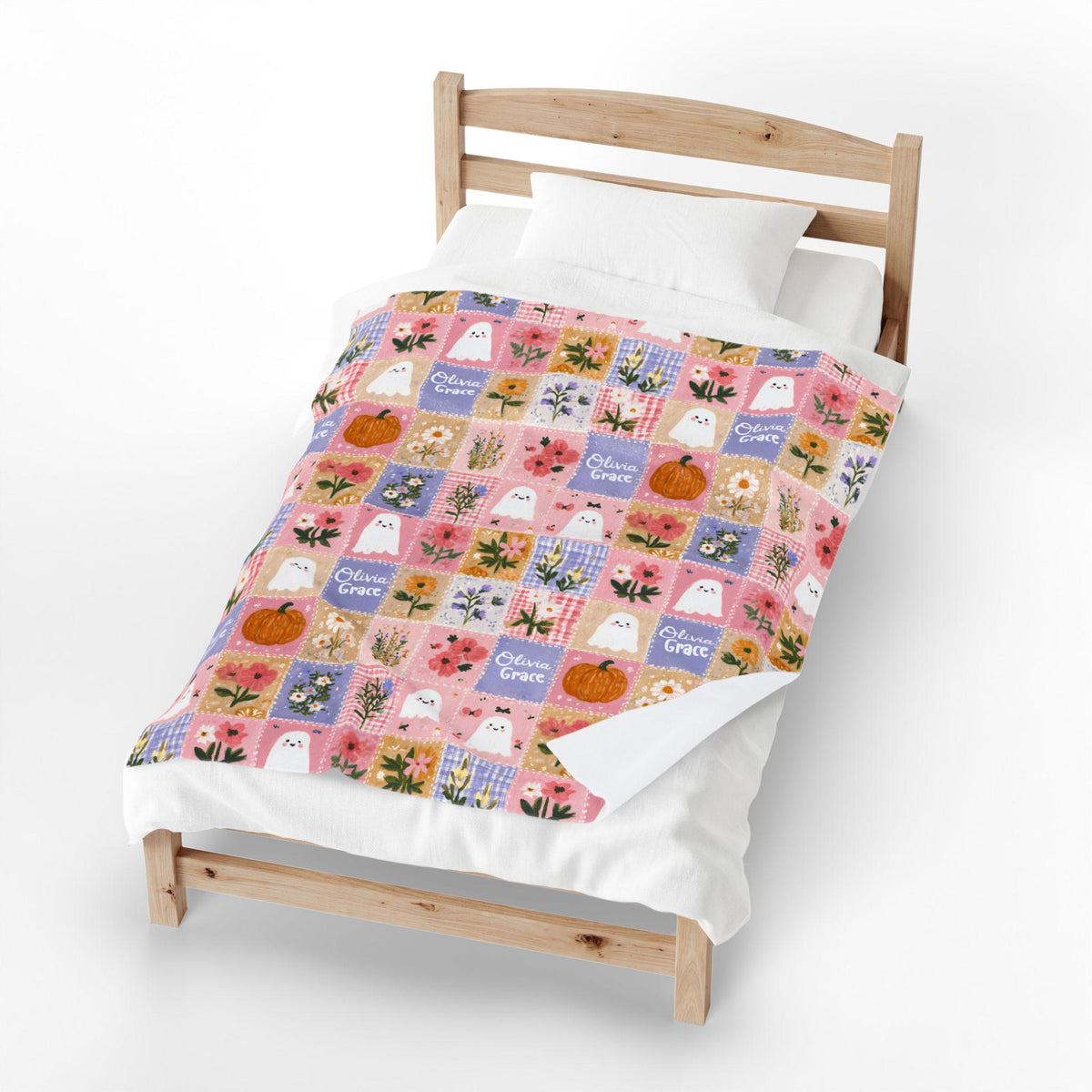 Personalized Patchwork Pumpkin Ghosts Velveteen Blanket | Cozy Fall Halloween Throw