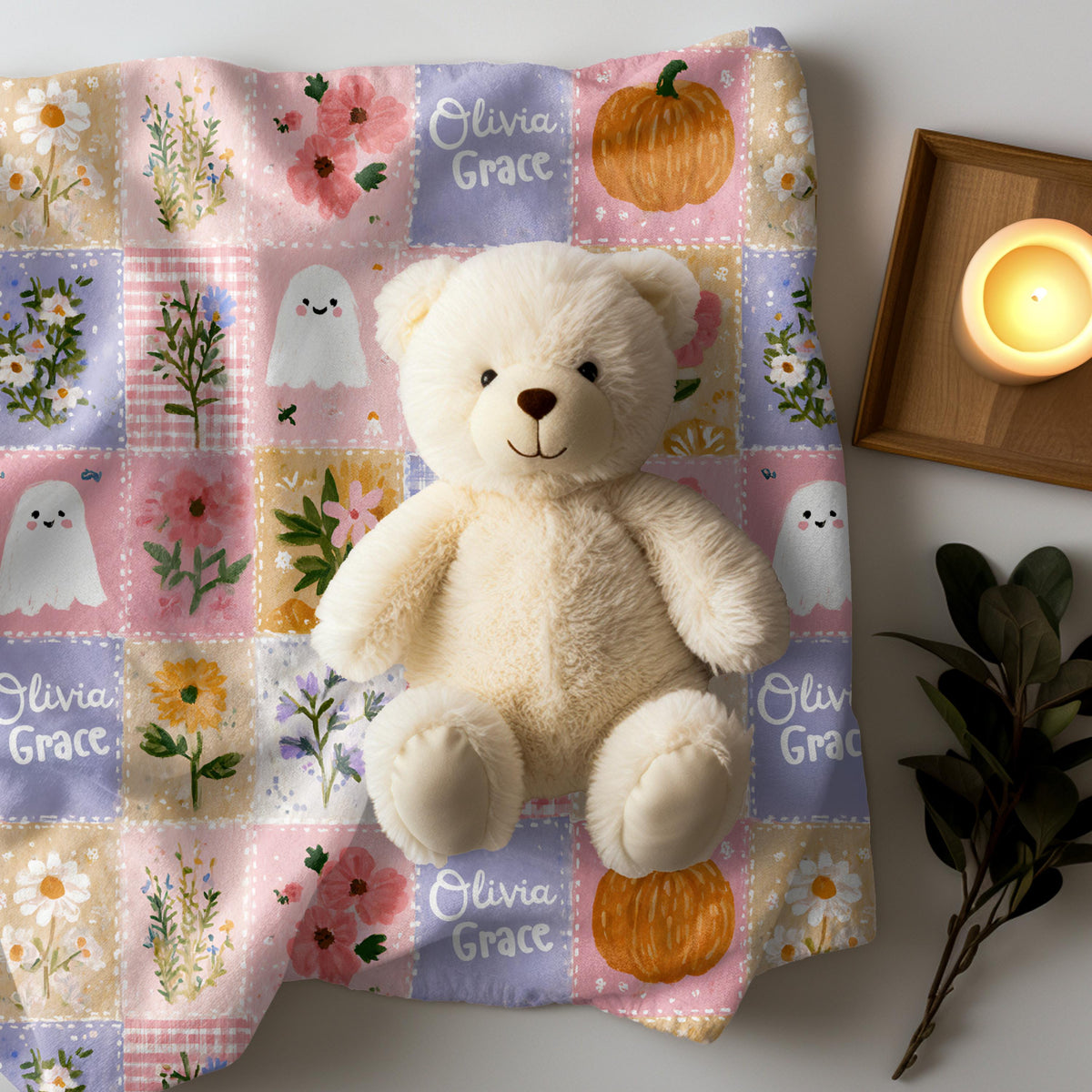 Personalized Patchwork Pumpkin Ghosts Velveteen Blanket | Cozy Fall Halloween Throw