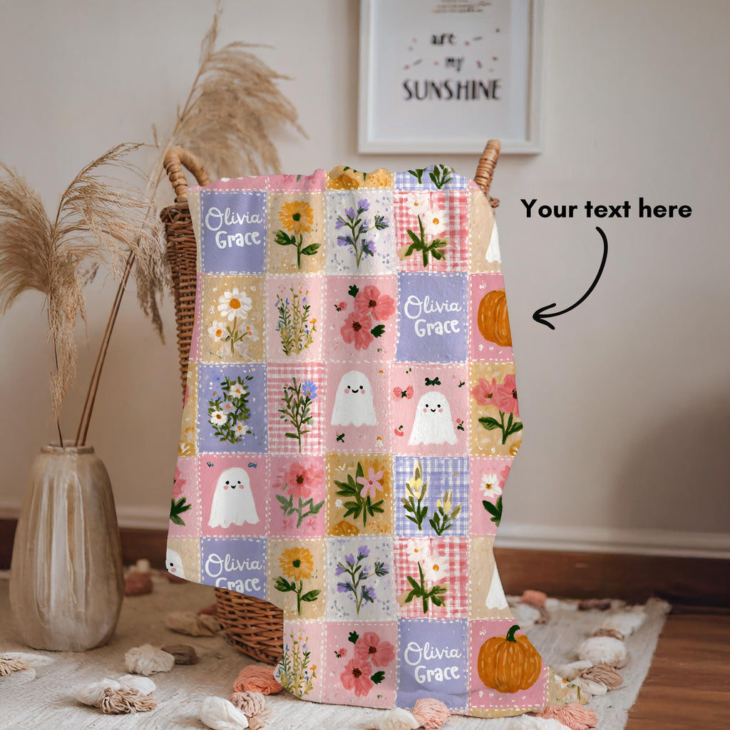 Personalized Patchwork Pumpkin Ghosts Velveteen Blanket | Cozy Fall Halloween Throw