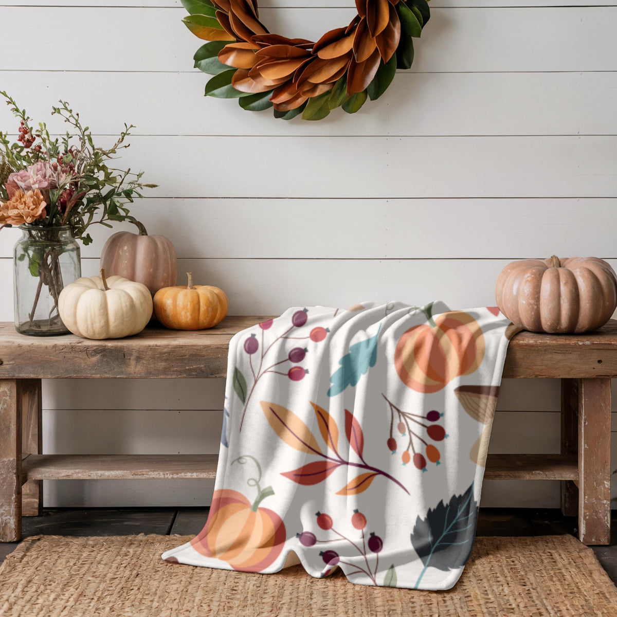 Autumn Throw Blanket | Harvest Blanket | Cozy Fall Throw | Pumpkins & Leaves | Halloween Throw Blanket | Halloween Gift | Fall Gift