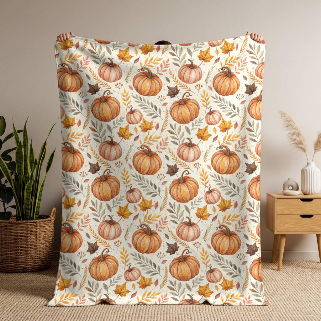 Cozy Pumpkin Blanket Fall Throw | Sherpa or Velveteen Plush | Whimsical Autumn Floral | Cottagecore Pumpkin Spice Season Home Decor