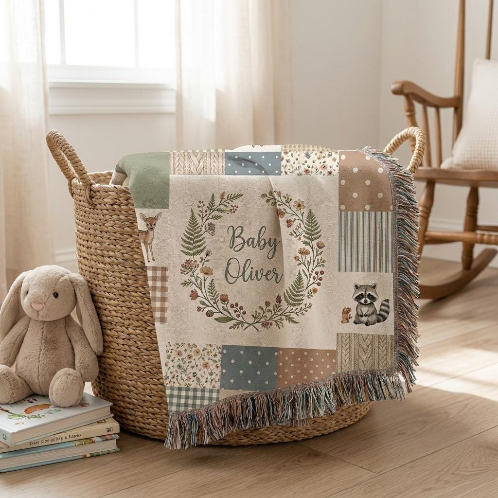 Personalized Woodland Animals Woven Blanket, Forest Nursery Decor, Heirloom Keepsake