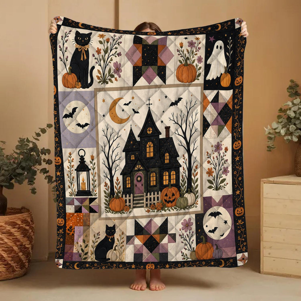 Halloween Patchwork Quilt, Spooky Season Cute Ghost Pumpkin Haunted House Blanket, Gothic Fall Bedding, Cozy Throw Gift for Black Cat Lover