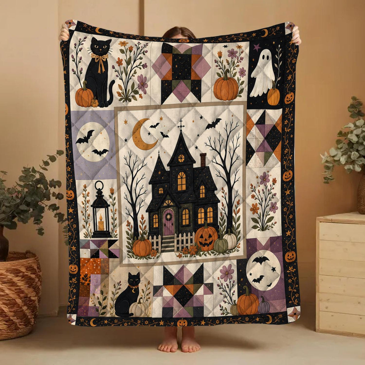 Halloween Patchwork Quilt, Spooky Season Cute Ghost Pumpkin Haunted House Blanket, Gothic Fall Bedding, Cozy Throw Gift for Black Cat Lover