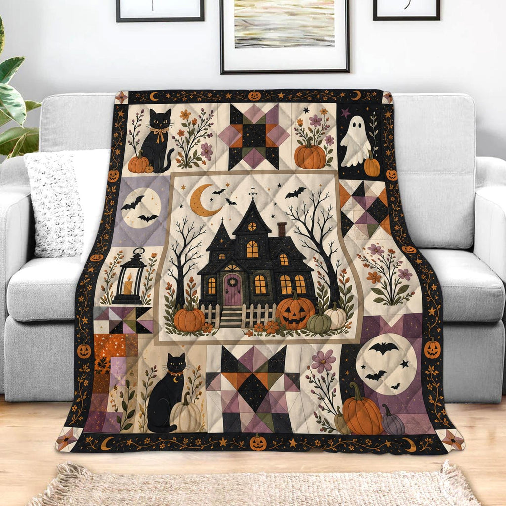Halloween Patchwork Quilt, Spooky Season Cute Ghost Pumpkin Haunted House Blanket, Gothic Fall Bedding, Cozy Throw Gift for Black Cat Lover