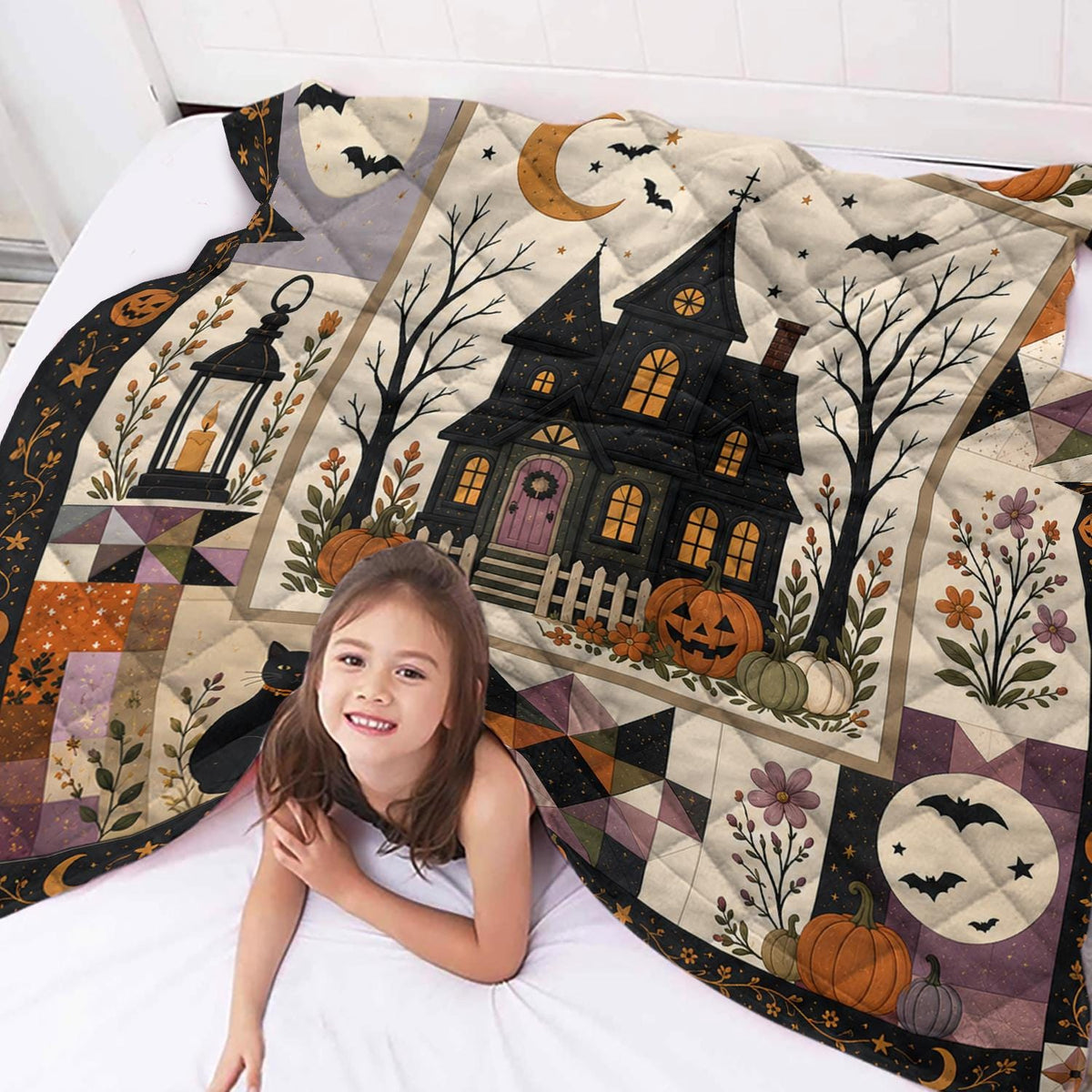 Halloween Patchwork Quilt, Spooky Season Cute Ghost Pumpkin Haunted House Blanket, Gothic Fall Bedding, Cozy Throw Gift for Black Cat Lover