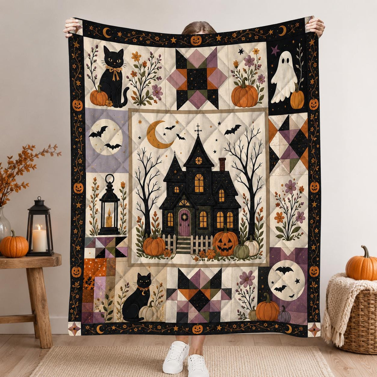 Halloween Patchwork Quilt, Spooky Season Cute Ghost Pumpkin Haunted House Blanket, Gothic Fall Bedding, Cozy Throw Gift for Black Cat Lover
