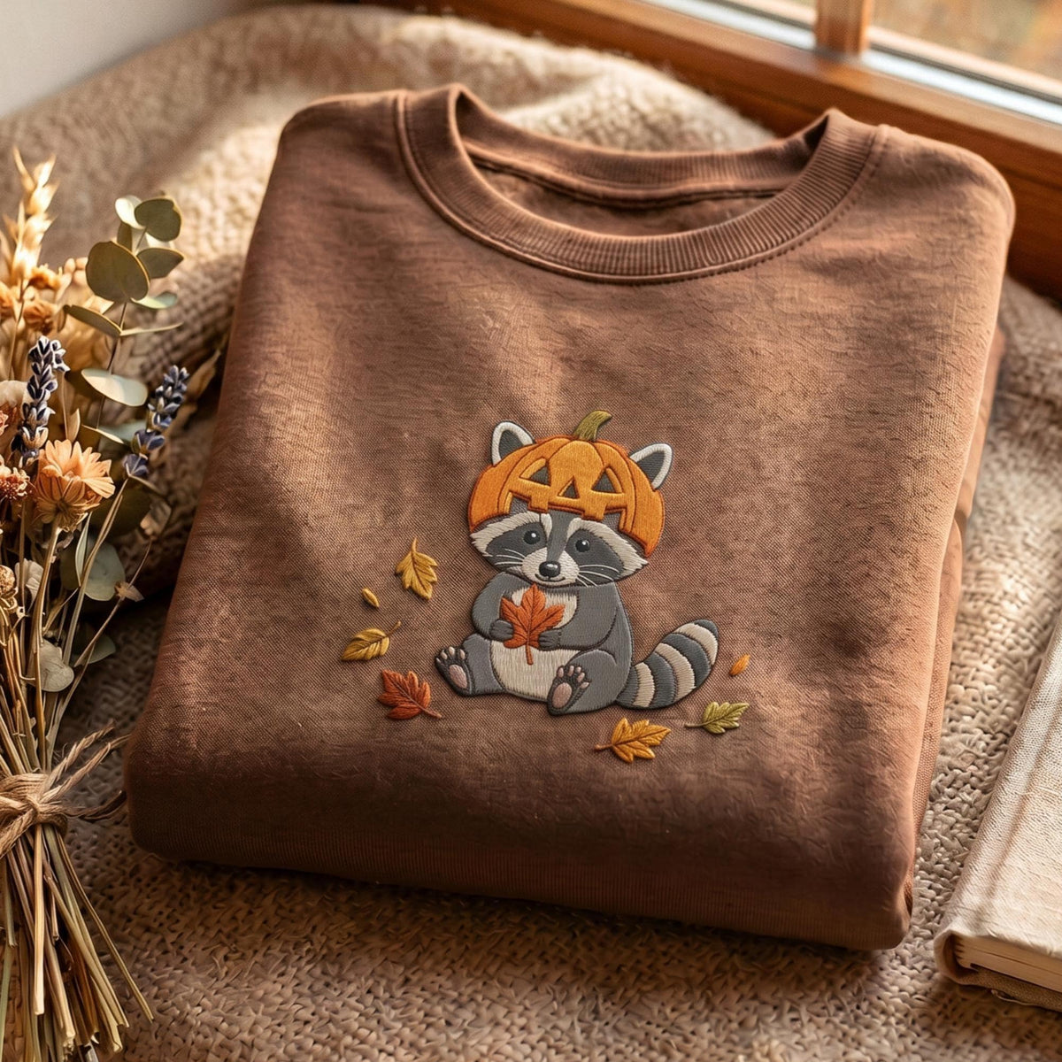 Embroidered Raccoon Pumpkin Patch Sweatshirt, Fall Autumn Raccoon Tee
