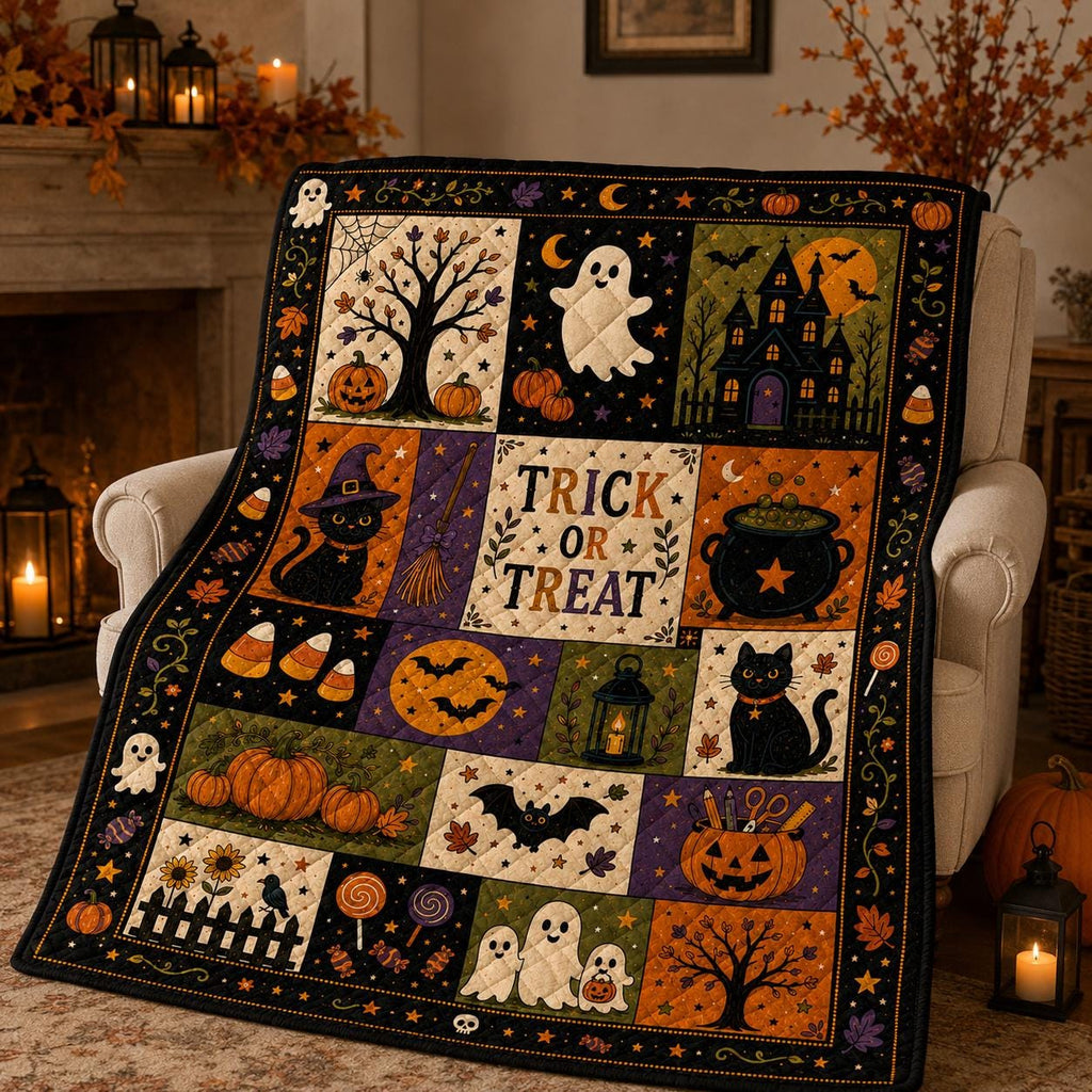 Custom Halloween Quilt Blanket, Black Cat Ghost Bat Pumpkin Throw, Rustic Autumn Patchwork Decor, Spooky Gift, Halloween Gifts