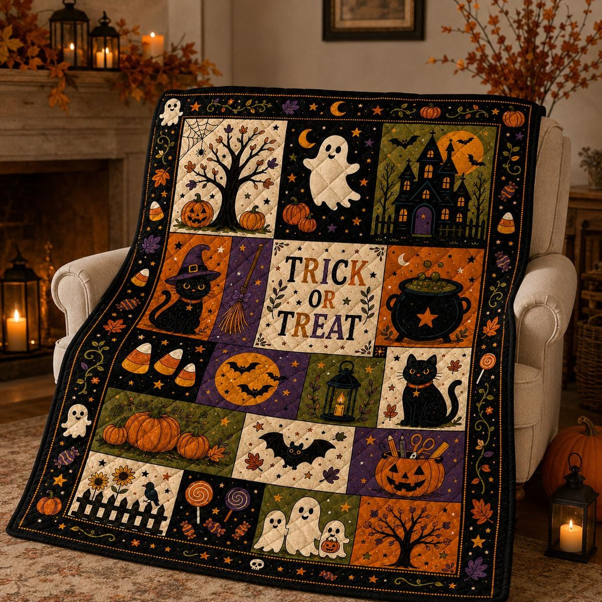 Custom Halloween Quilt Blanket, Black Cat Ghost Bat Pumpkin Throw, Rustic Autumn Patchwork Decor, Spooky Gift, Halloween Gifts