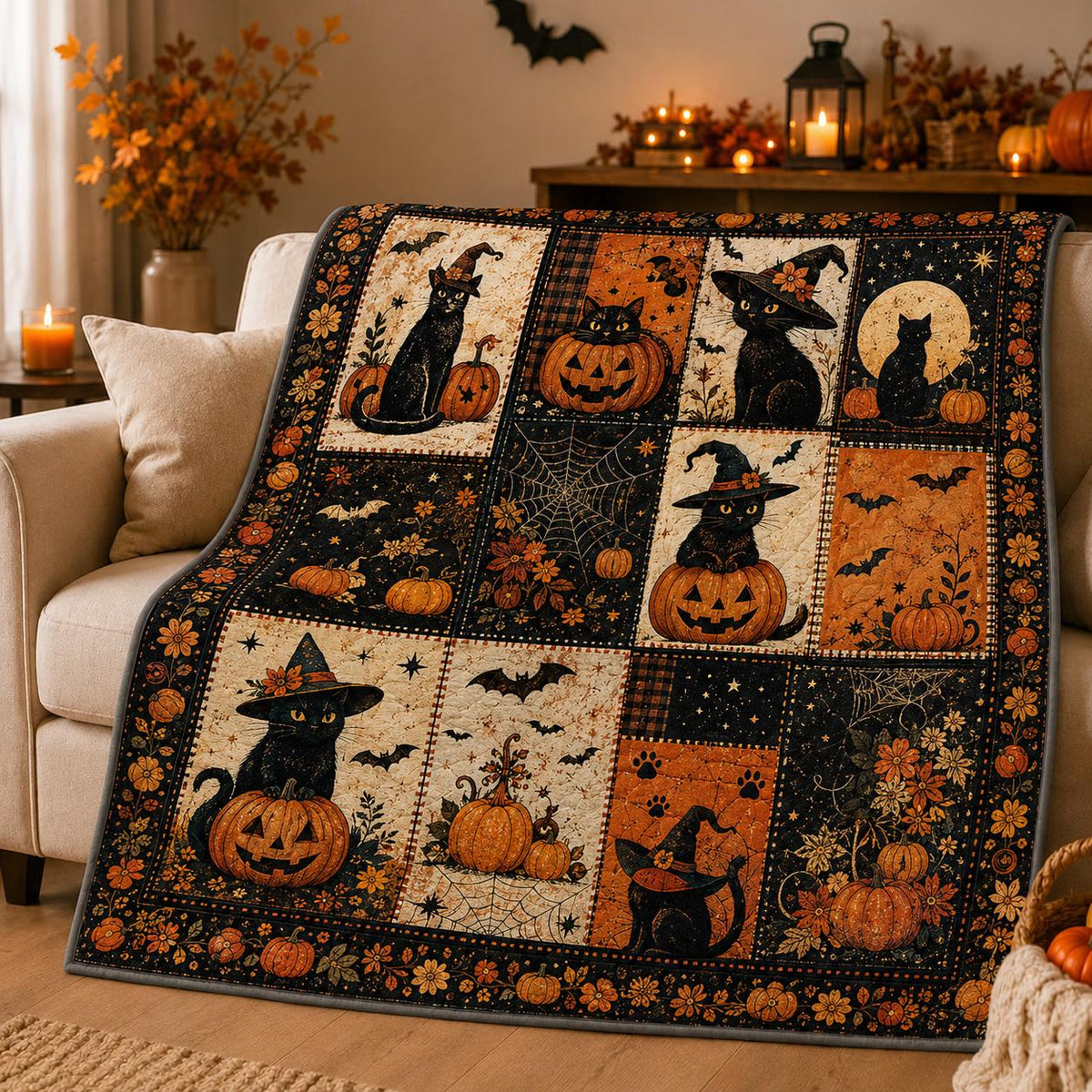 Halloween Patchwork Blanket, Black Cat Ghost Pumpkin Quilt Throw, Farmhouse Fall Bedding, Cozy Autumn Season Decor