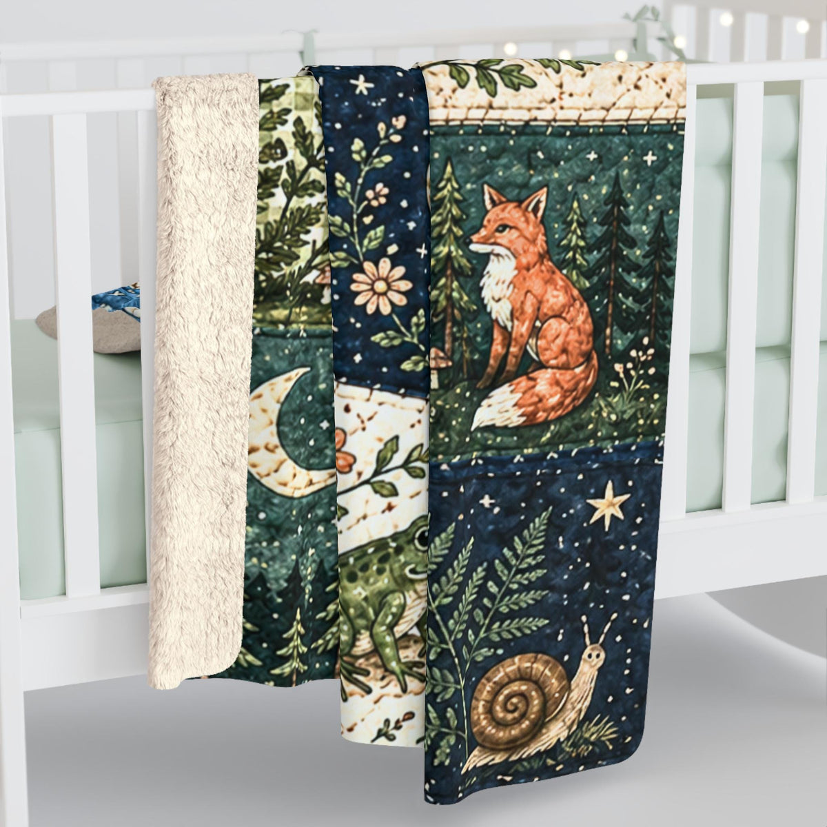 Woodland Faux Patchwork Quilt Blanket, Celestial Moon And Stars Throw Blanket, Forest Animal Sherpa Fleece