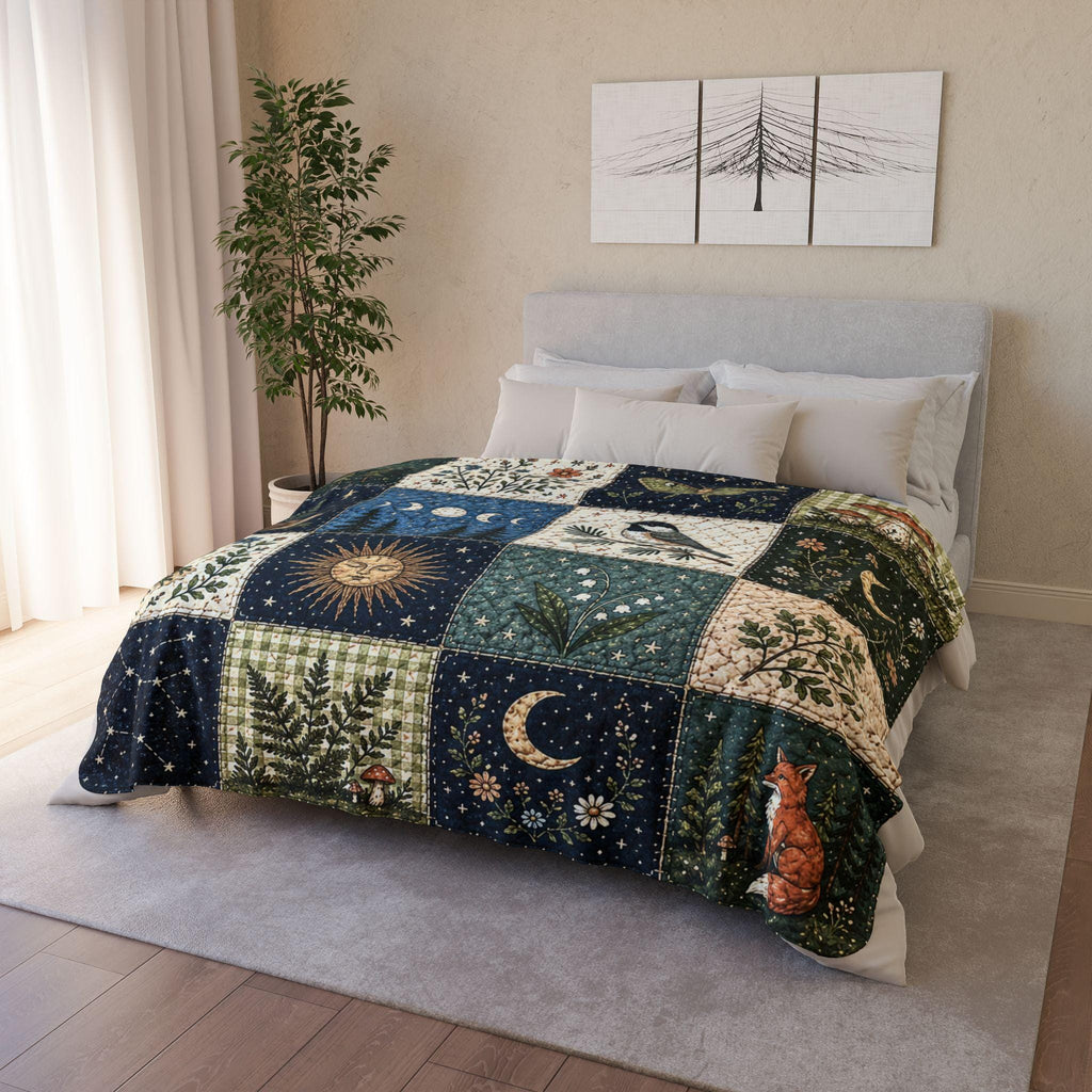 Woodland Faux Patchwork Quilt Blanket, Celestial Moon And Stars Throw Blanket, Forest Animal Sherpa Fleece