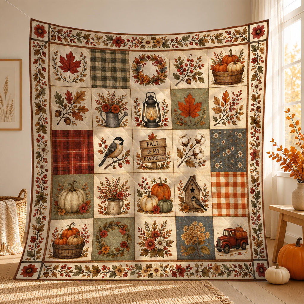 Fall Quilt Blanket, Autumn Patchwork Throw Blanket, Pumpkin Harvest Cottagecore Bedding, Rustic Farmhouse Decor, Thanksgiving Gift