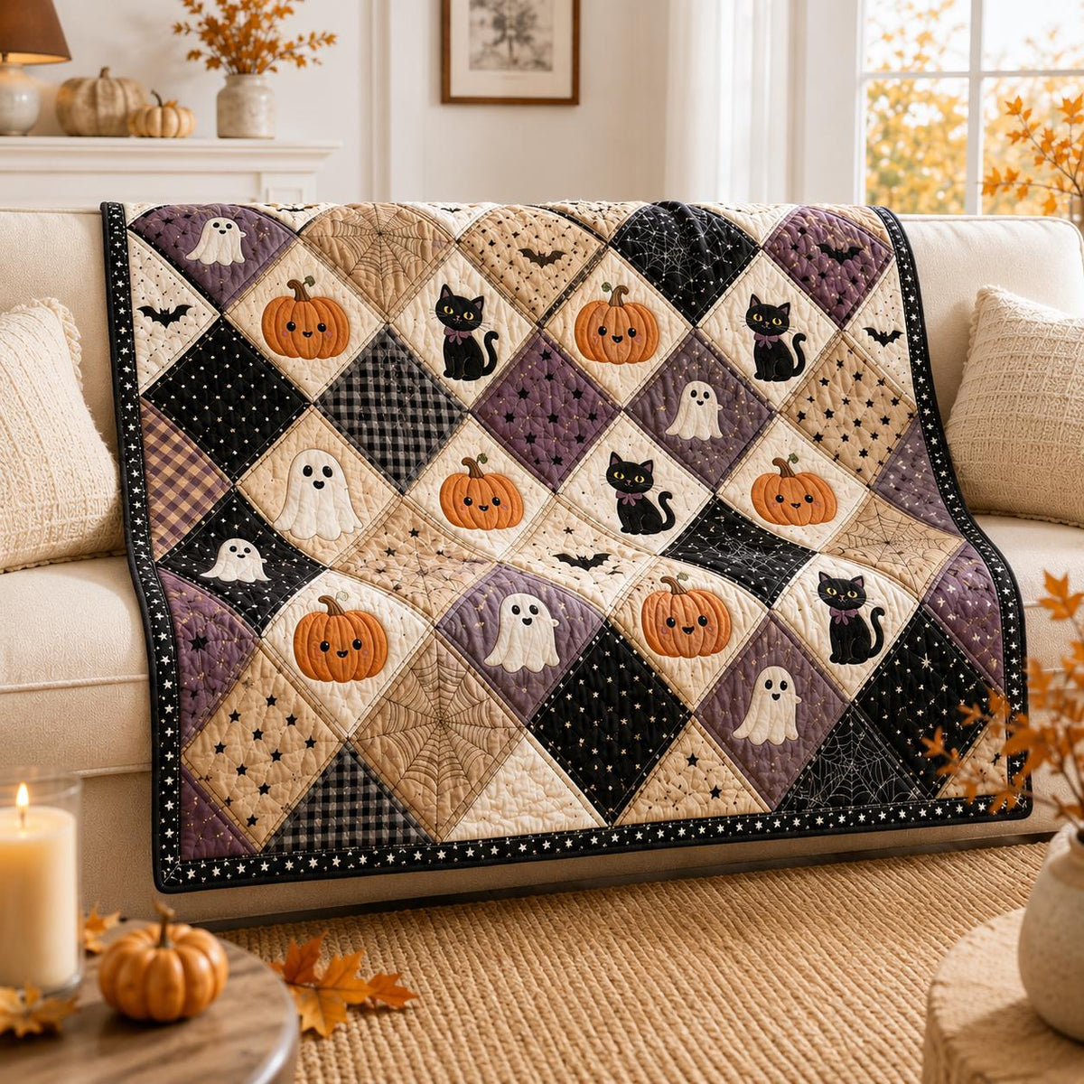 Cute Halloween Quilt Blanket, Ghost Pumpkin Black Cat Patchwork Throw, Vintage Floral Spooky Bedding, Cozy Autumn Farmhouse Decor Gift