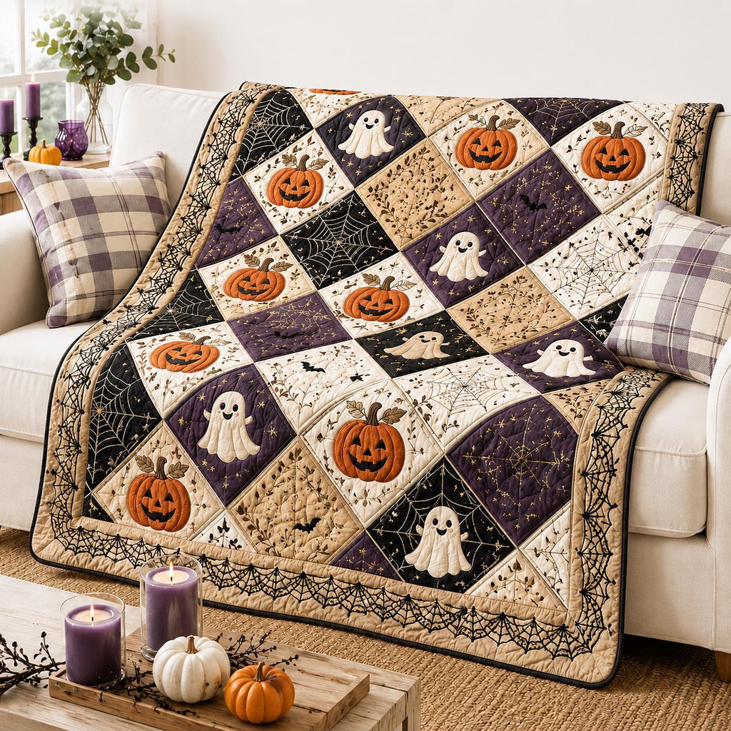 Halloween Pumpkin Ghost Quilt Blanket, Vintage Patchwork Throw, Spooky Season Bedding, Cozy Fall Farmhouse Decor, Autumn Halloween Gift