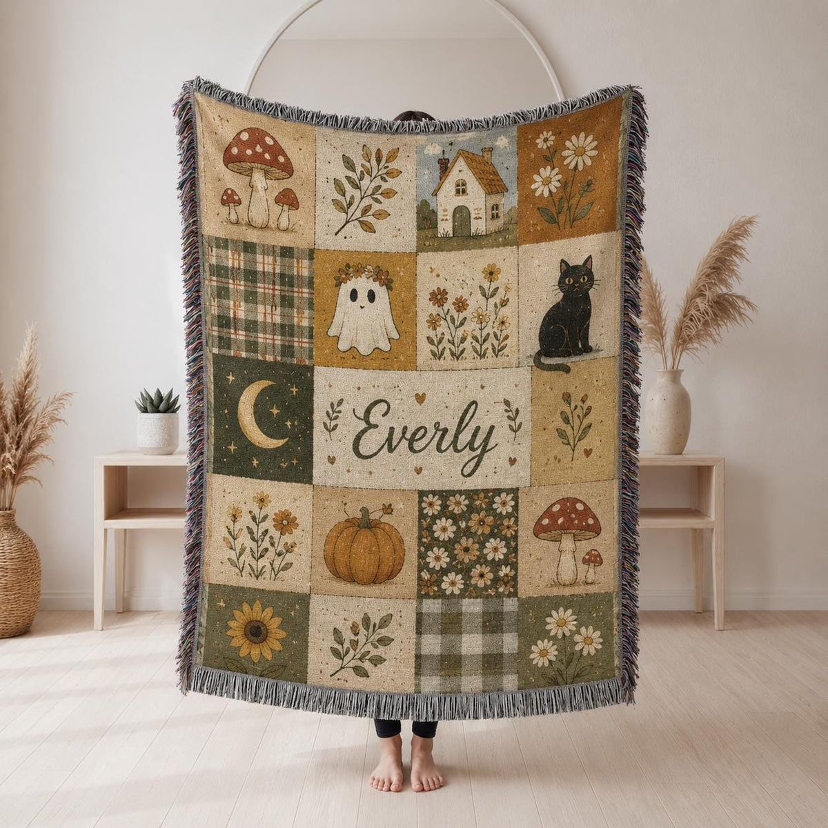 Custom Halloween Woven Blanket, Cute Ghost Pumpkin Name Throw, Fall Patchwork Black Cat Mushroom Fringe Blanket CRD-ZH220