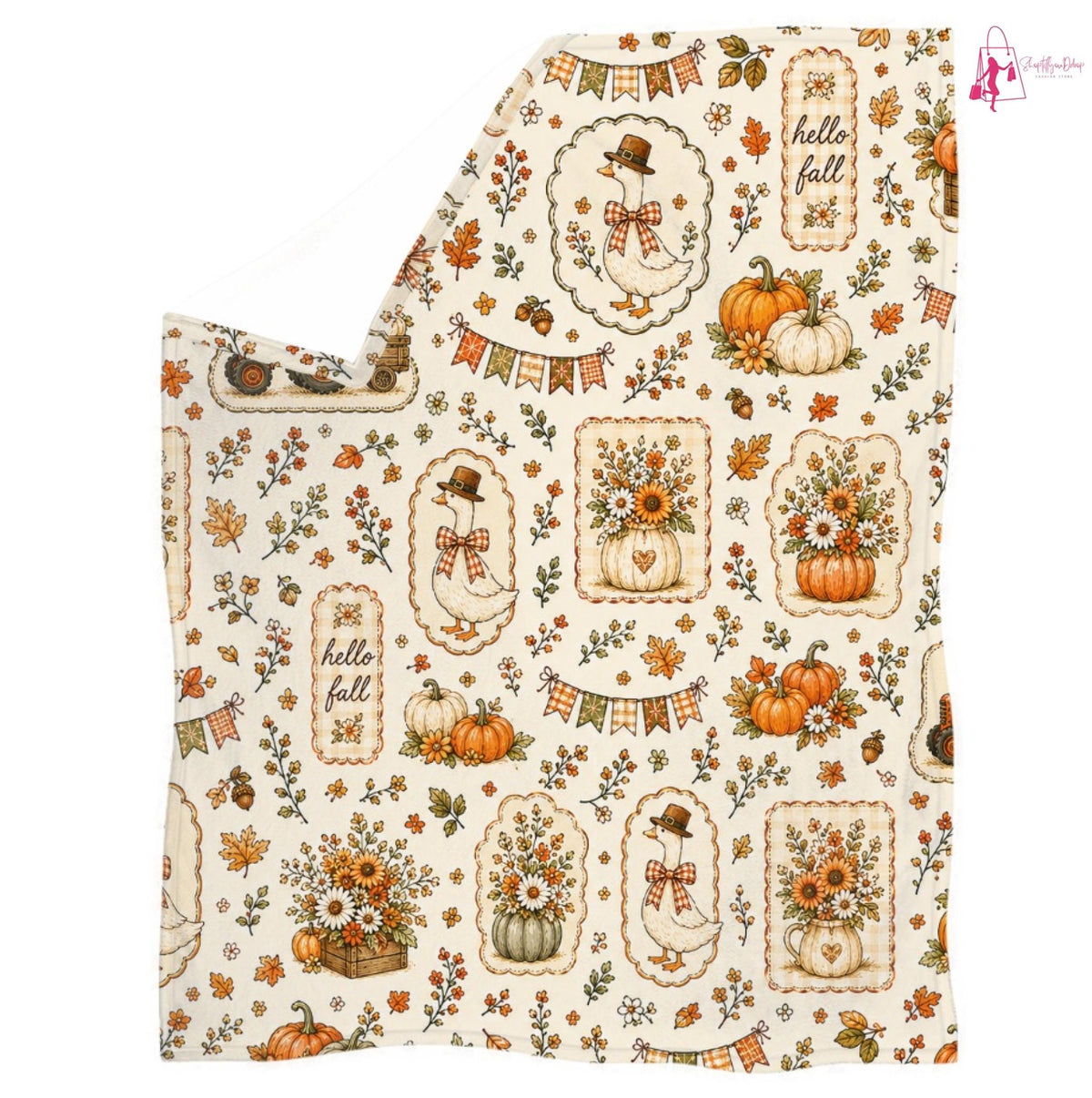 Goose Fall Blanket, Hello Fall Cottagecore Throw Blanket, Vintage Pumpkin Floral Cozy Blanket, Farmhouse Autumn Home Decor Gift