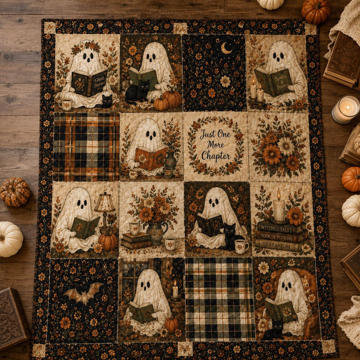 Ghost Blanket Halloween Quilt Blanket, Cute Ghost Throw, Black Cat Bedding, Pumpkin Blanket, Spooky Cozy Fall Decor, Autumn Layering Blanket