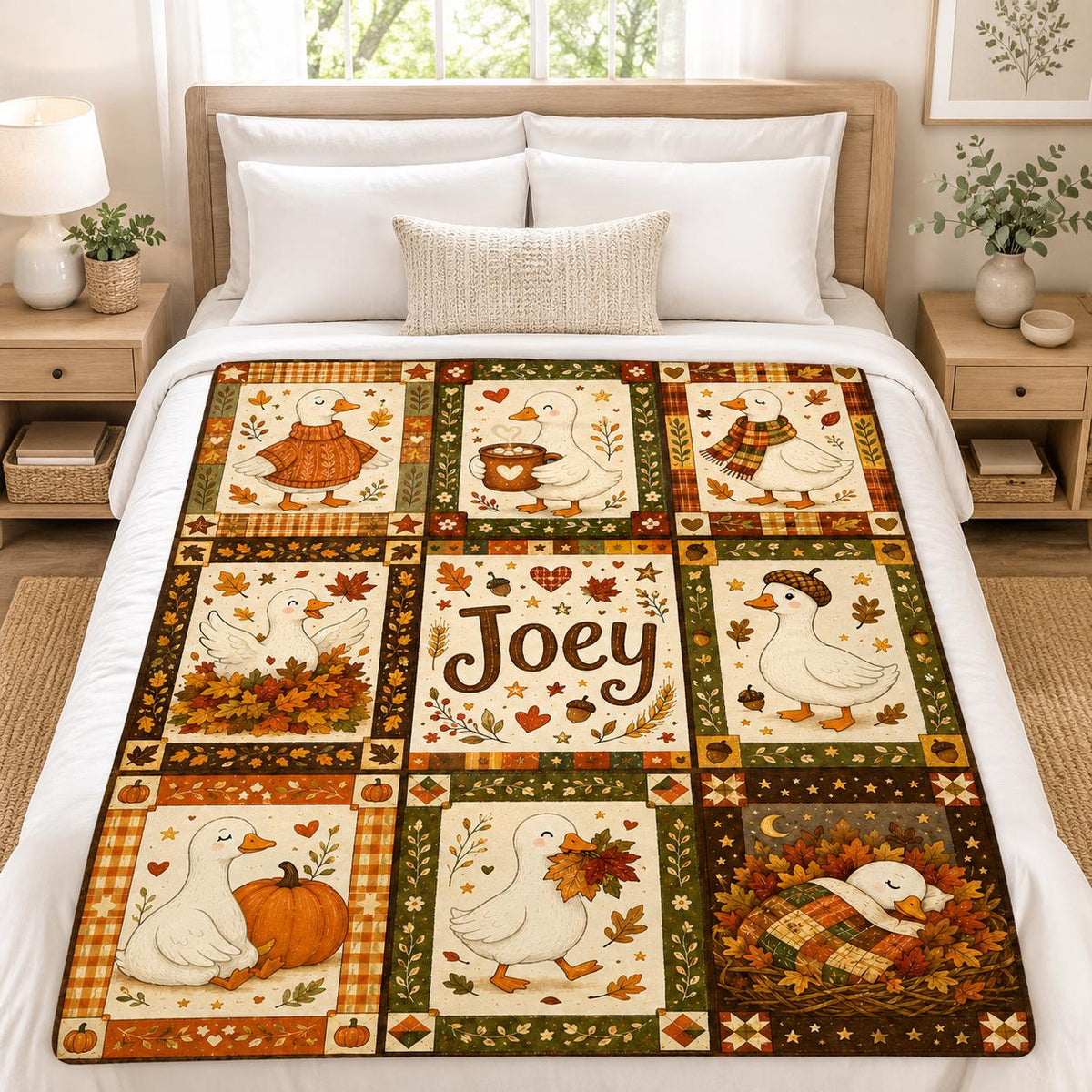 Personalized Fall Goose Quilt Blanket, Autumn Pumpkin Farmhouse Throw, Custom Name Cozy Gift
