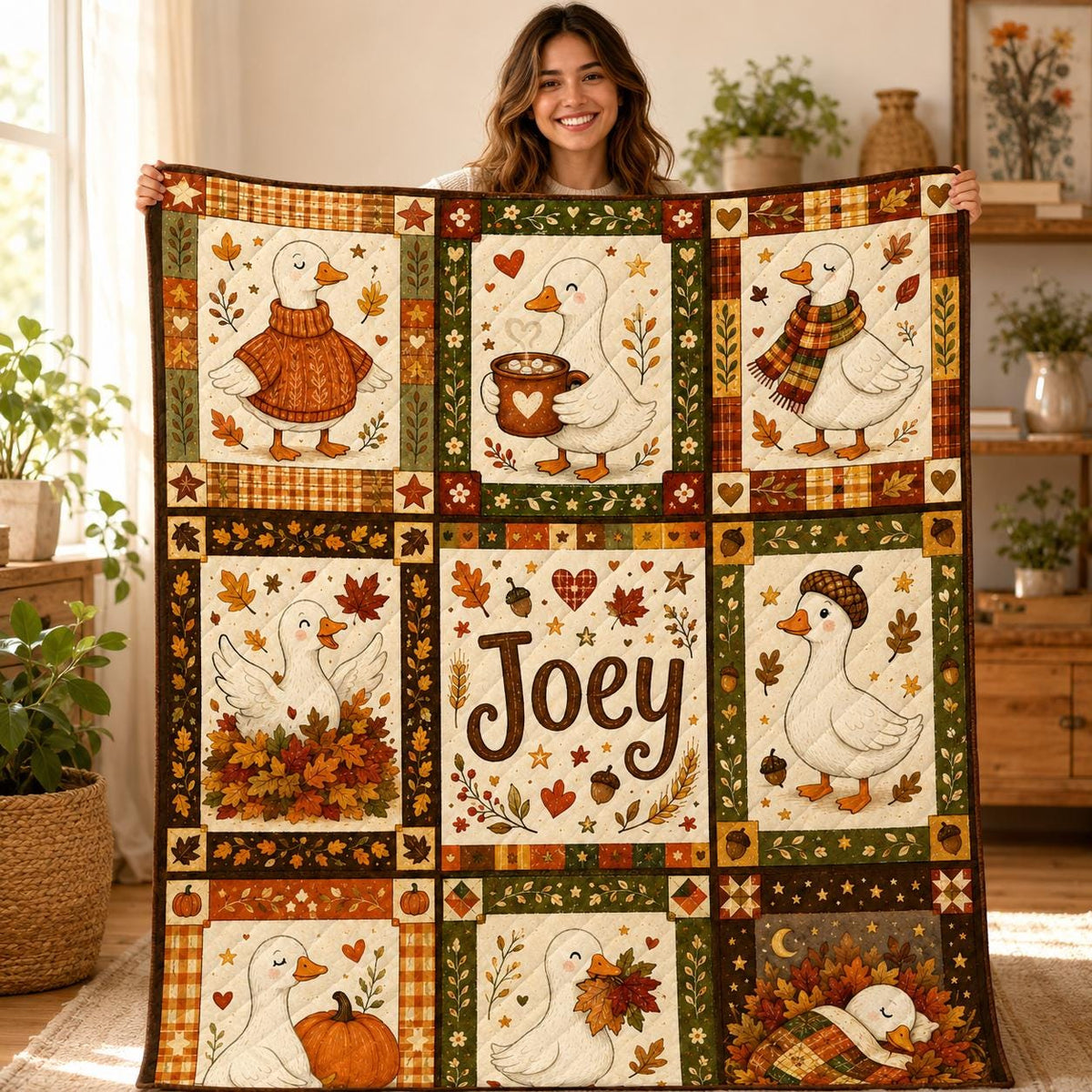 Personalized Fall Goose Quilt Blanket, Autumn Pumpkin Farmhouse Throw, Custom Name Cozy Gift