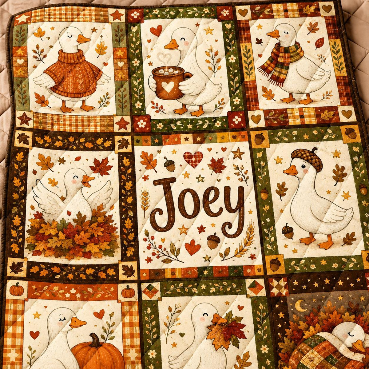 Personalized Fall Goose Quilt Blanket, Autumn Pumpkin Farmhouse Throw, Custom Name Cozy Gift