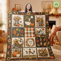 Fall Goose Quilt Blanket, Autumn Pumpkin Patchwork Throw, Sunflower Farmhouse Bedding, Cozy Fall Bedding