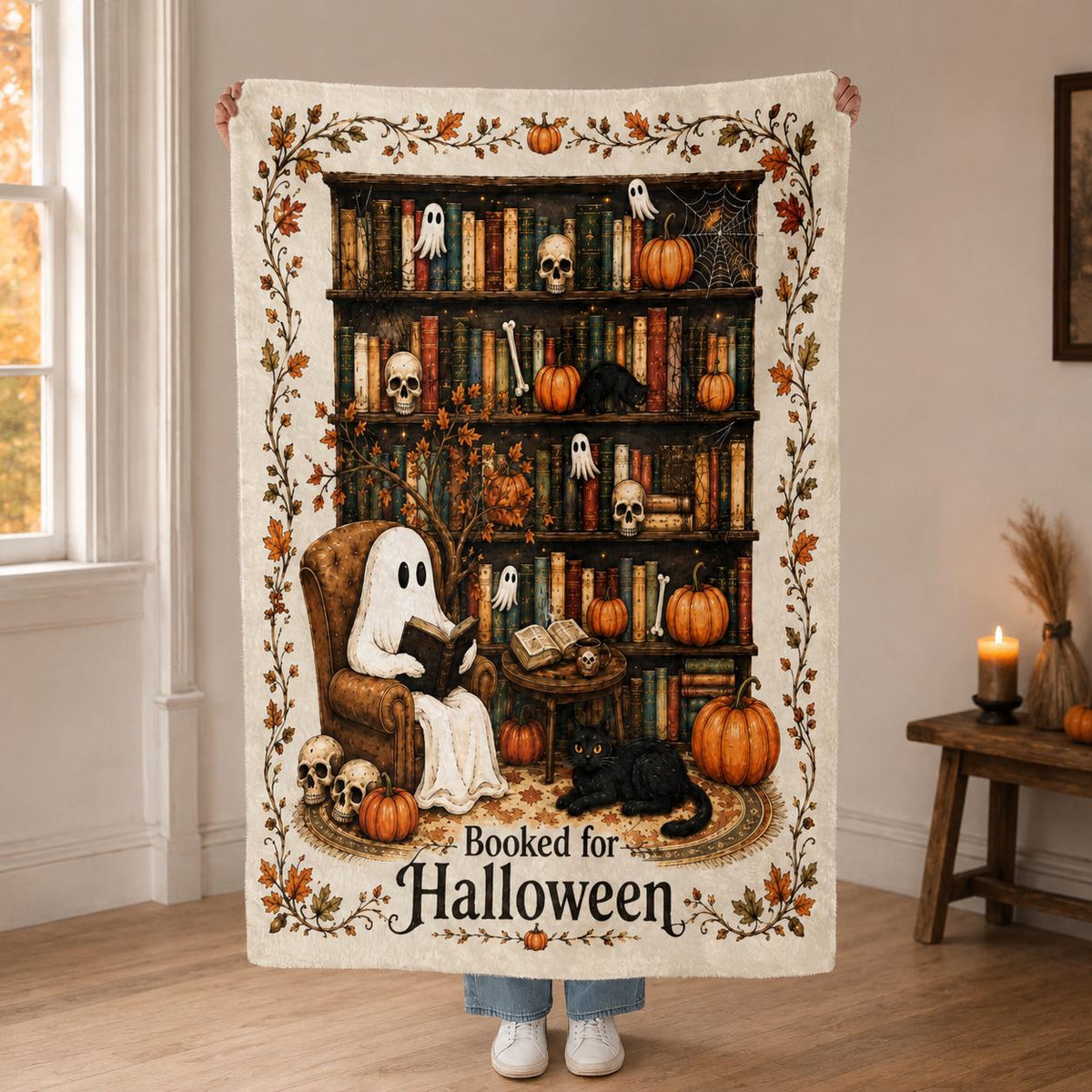 Booked for Halloween, Ghost Reading Blanket, Book Lover Gift, Fall Fleece Throw Blanket, Cozy Reading Blanket, Cute Autumn Home Decor