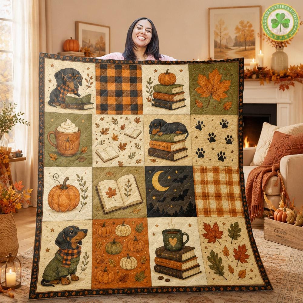 Autumn Dachshund Quilt Blanket, Fall Pumpkin Dog Quilt, Cozy Reading Puppy Blanket, Rustic Farmhouse Bedding