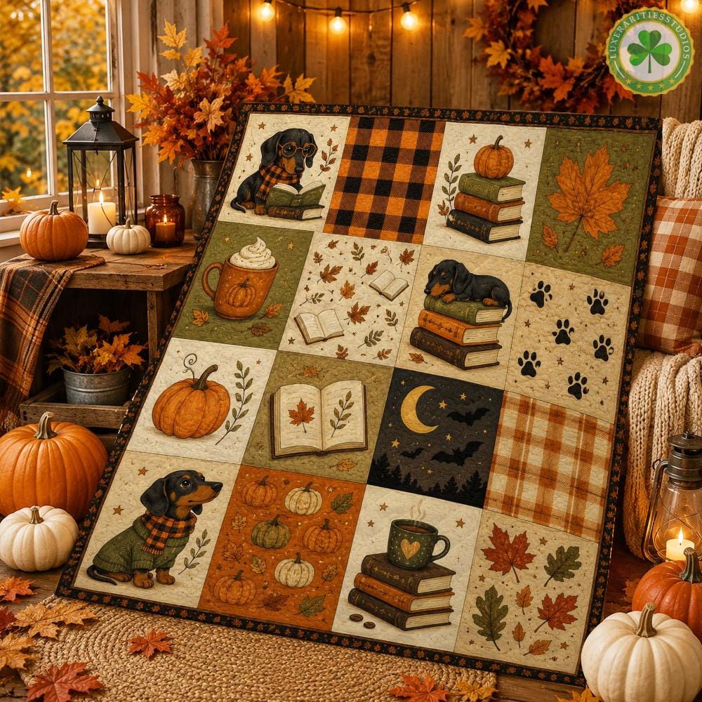 Autumn Dachshund Quilt Blanket, Fall Pumpkin Dog Quilt, Cozy Reading Puppy Blanket, Rustic Farmhouse Bedding