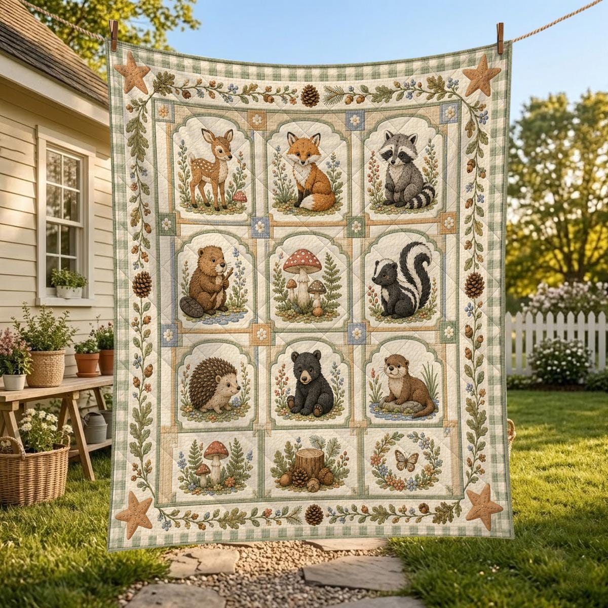 Woodland Animal Quilt, Forest Friends Patchwork Blanket, Cottagecore Nursery Bedding