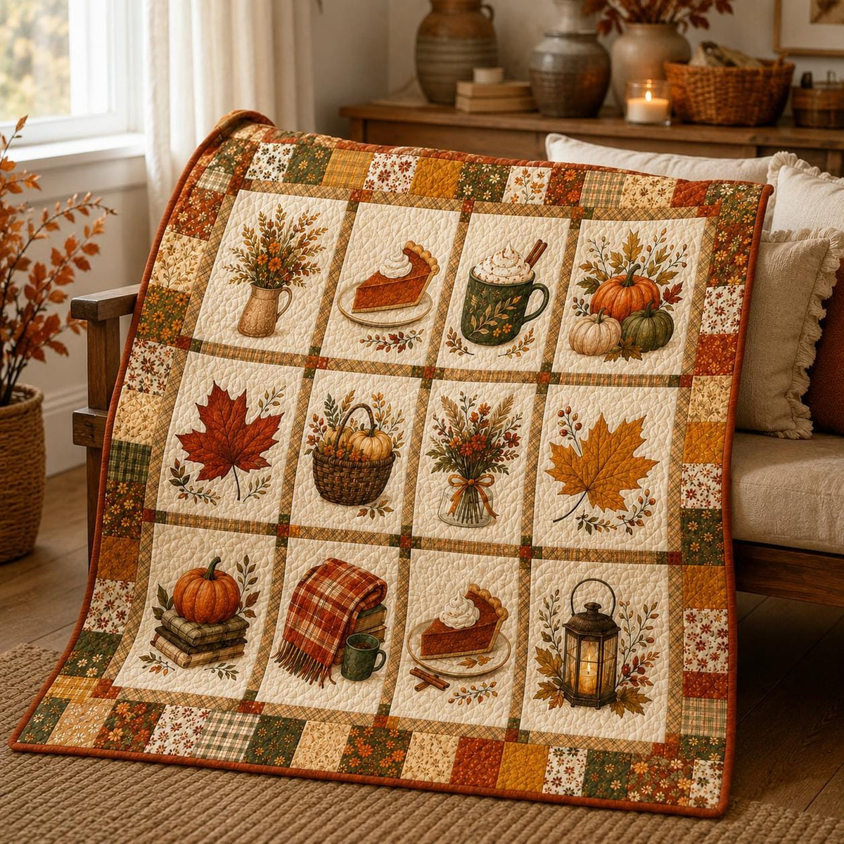 Fall Pumpkin Spice Quilt Blanket, Autumn Coffee and Pie Throw, Rustic Fall Floral Bedding, Cozy Farmhouse Decor, Thanksgiving Gift for Her