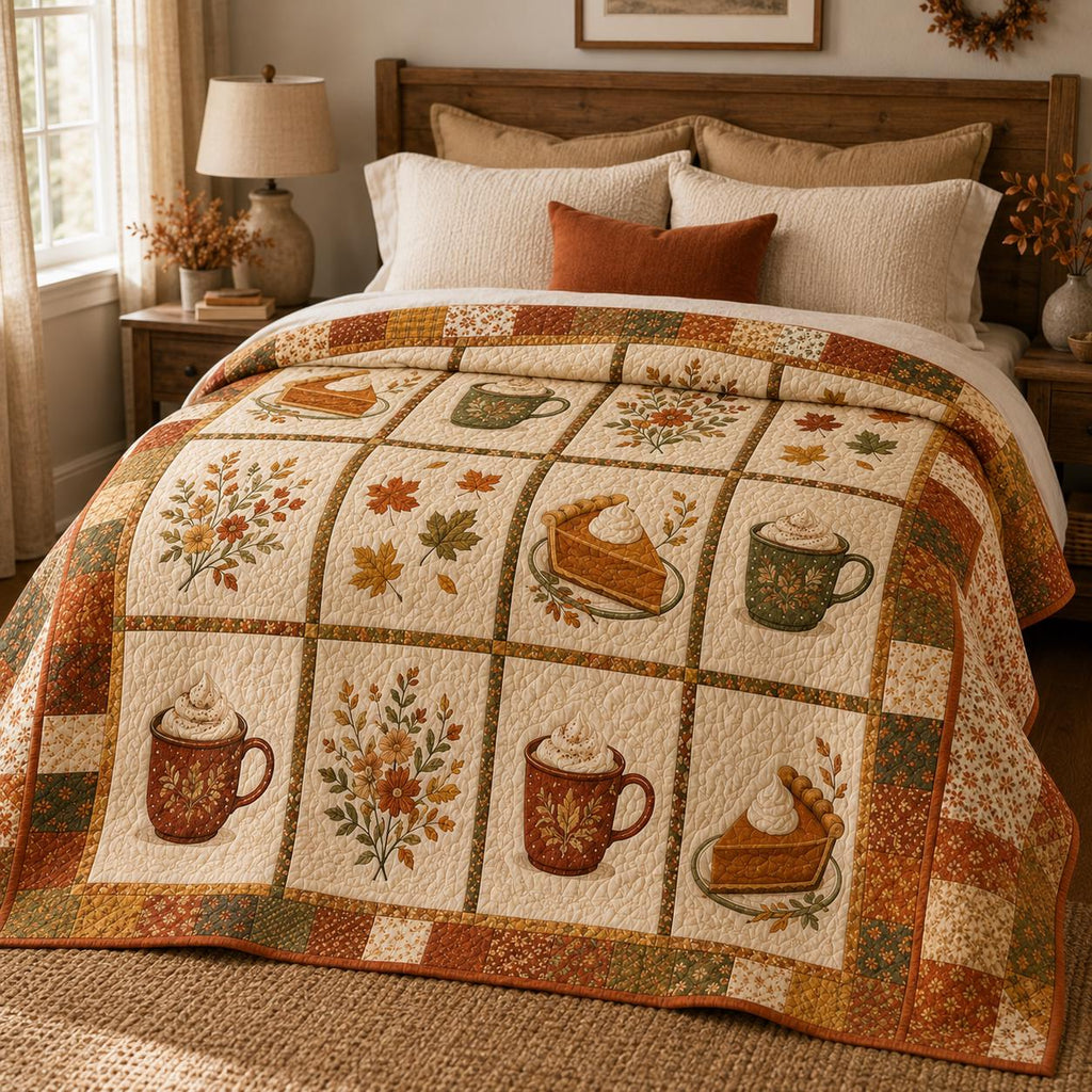 Fall Pumpkin Spice Quilt Blanket, Autumn Coffee and Pie Throw, Rustic Fall Floral Bedding, Cozy Farmhouse Decor, Thanksgiving Gift for Her