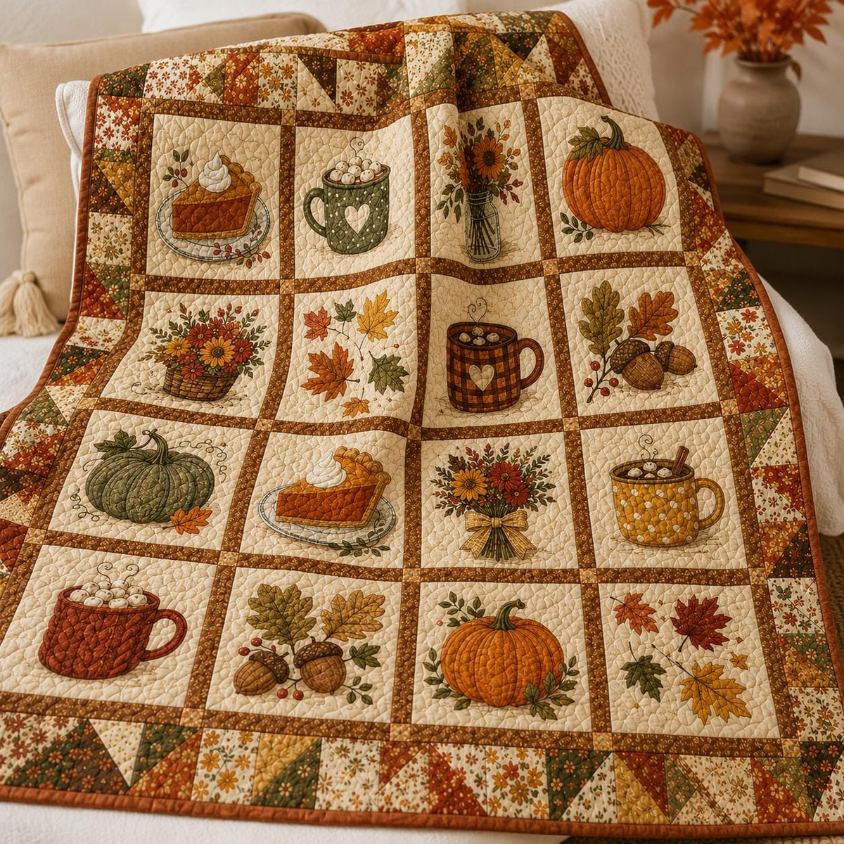 Fall Pumpkin Spice Quilt Blanket, Autumn Coffee and Pie Throw, Rustic Fall Floral Bedding, Cozy Farmhouse Decor, Thanksgiving Gift for Her