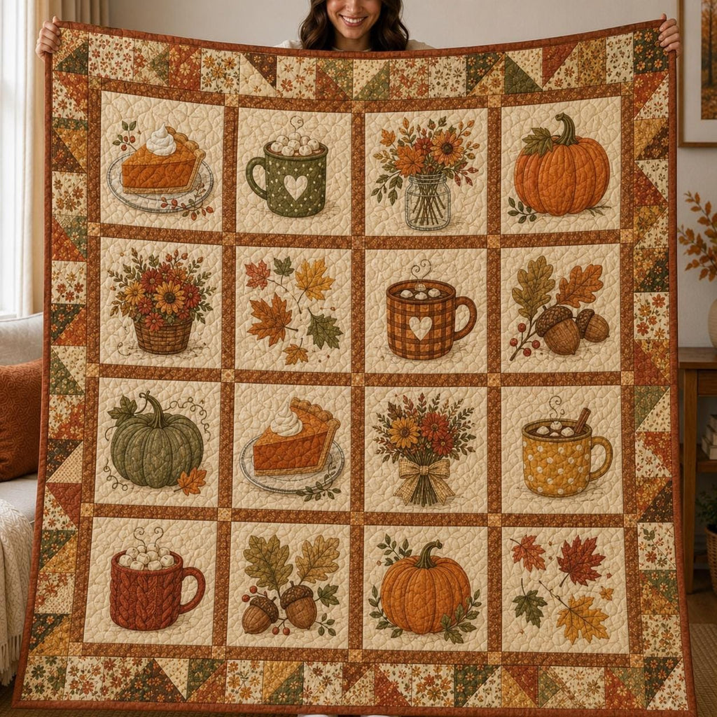 Fall Pumpkin Spice Quilt Blanket, Autumn Coffee and Pie Throw, Rustic Fall Floral Bedding, Cozy Farmhouse Decor, Thanksgiving Gift for Her