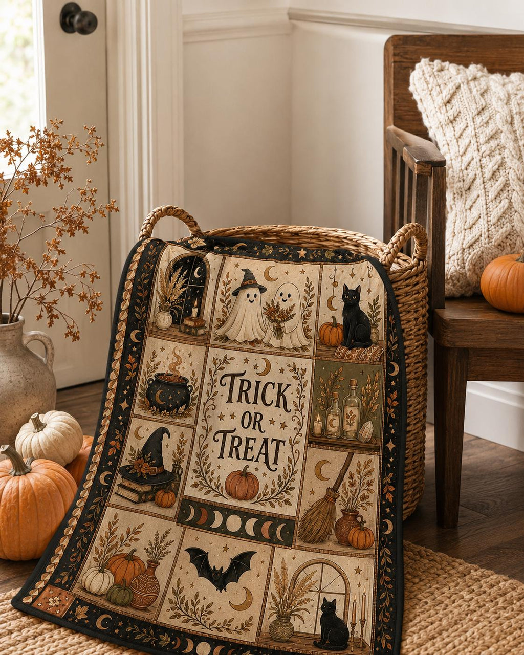 Halloween Ghost Throw Blanket, Cozy Trick or Treat Blanket for Halloween Decor, Witch Cat Pumpkin Fall Gift, Gothic Home Decor