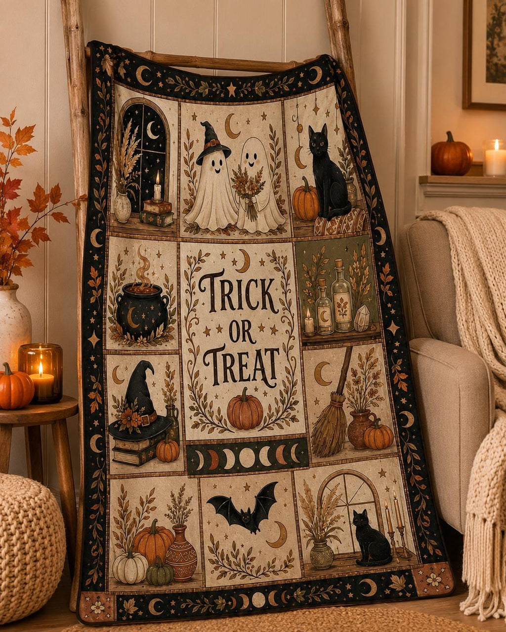 Halloween Ghost Throw Blanket, Cozy Trick or Treat Blanket for Halloween Decor, Witch Cat Pumpkin Fall Gift, Gothic Home Decor