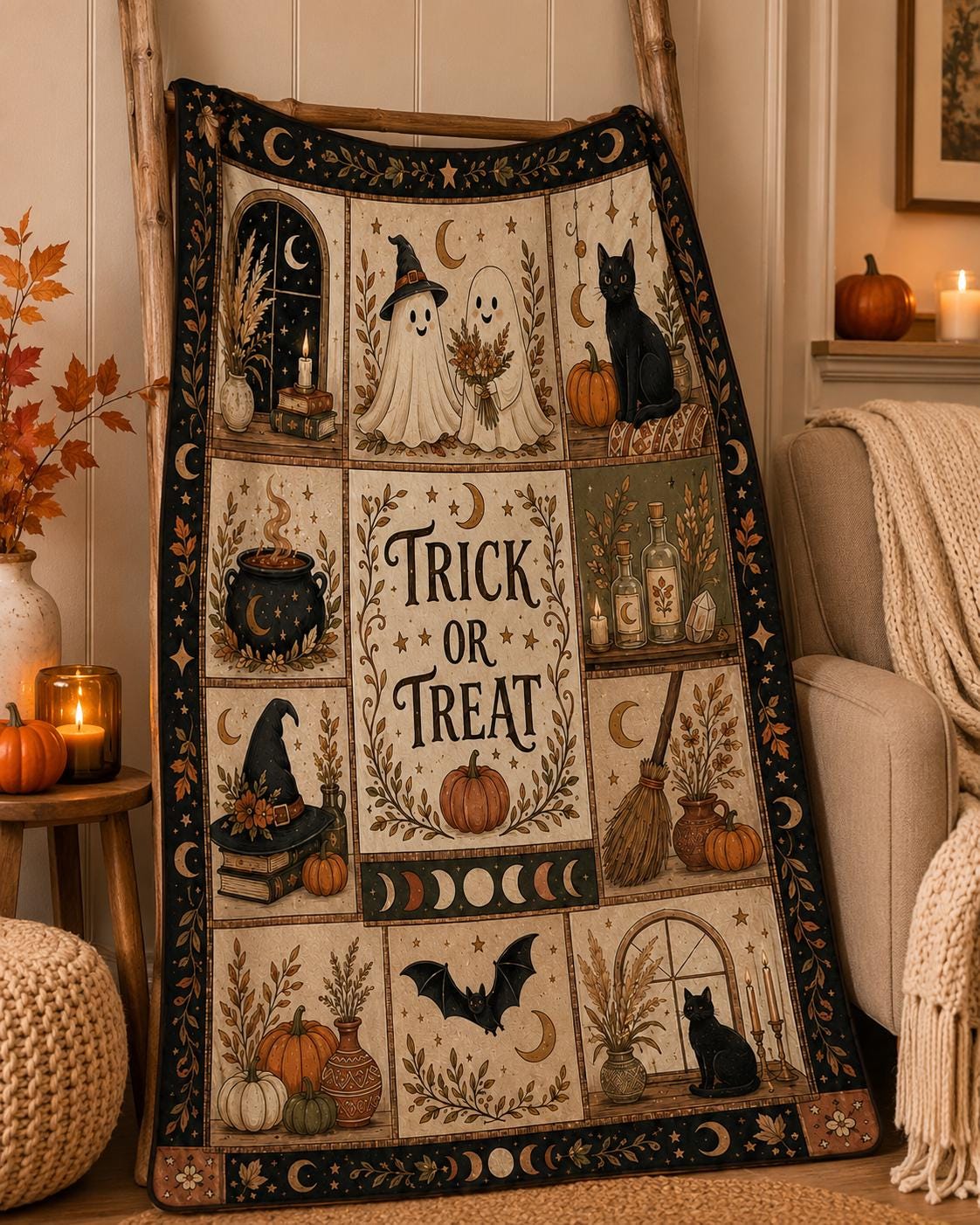 Halloween Ghost Throw Blanket, Cozy Trick or Treat Blanket for Halloween Decor, Witch Cat Pumpkin Fall Gift, Gothic Home Decor