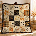 Halloween Patchwork Quilt Blanket, Autumn Bats & Leaves Throw, Cozy Fall Cottagecore Blanket, Rustic Harvest Halloween Decor Gift