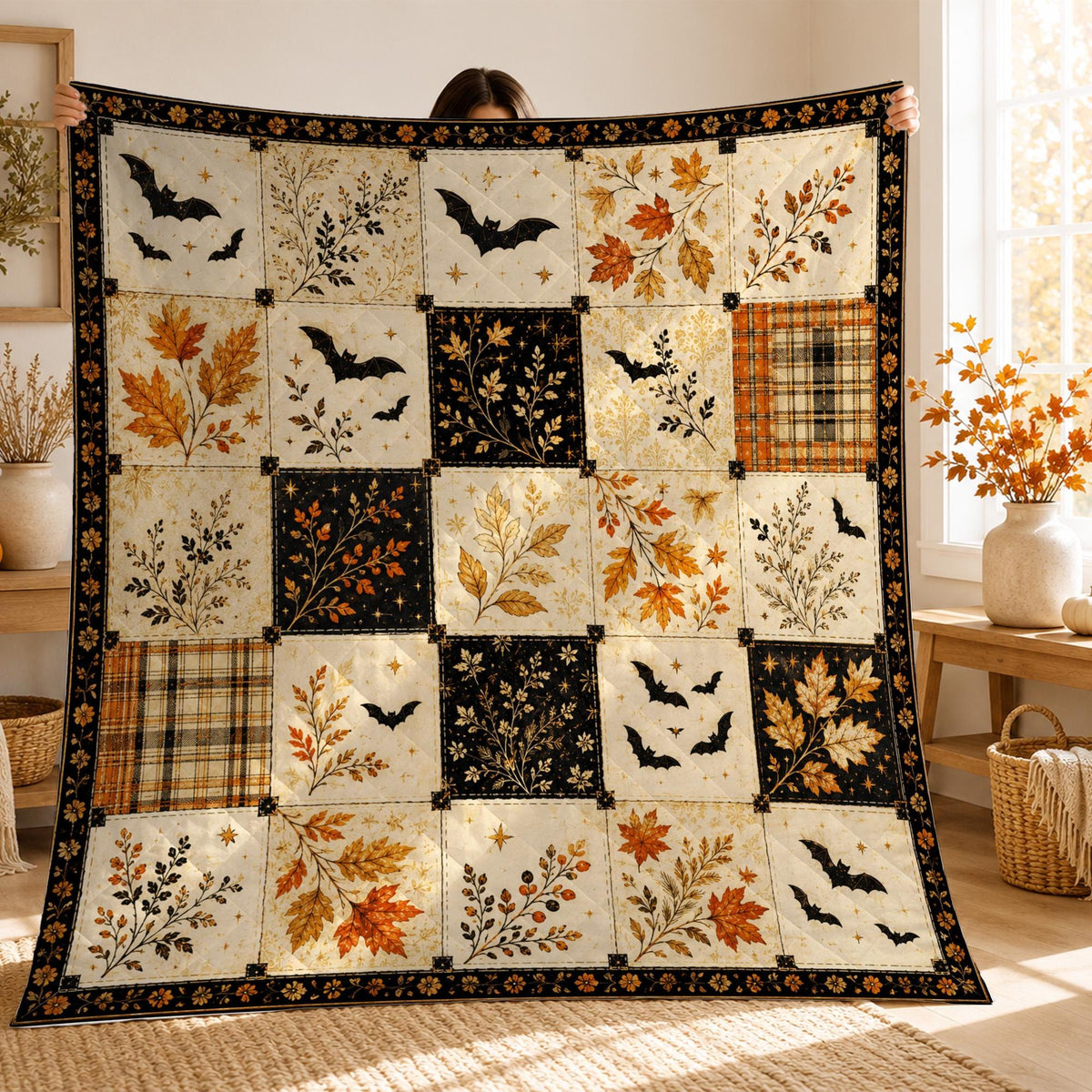 Halloween Patchwork Quilt Blanket, Autumn Bats & Leaves Throw, Cozy Fall Cottagecore Blanket, Rustic Harvest Halloween Decor Gift