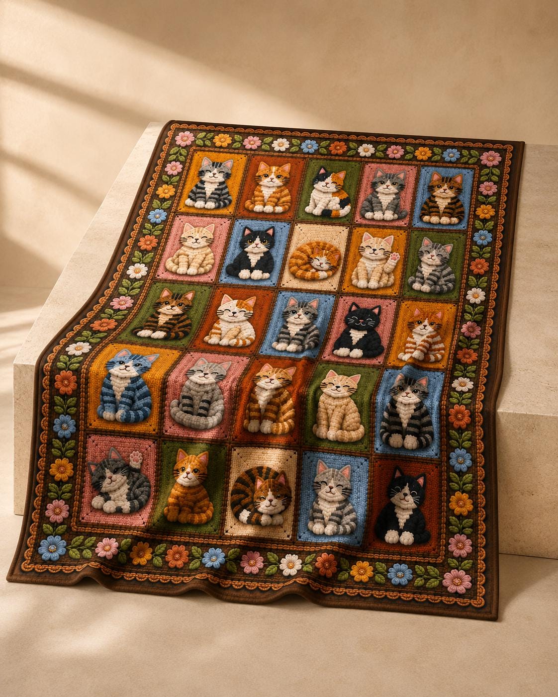 Printed Cat Patchwork Plush Throw Blanket — Crochet-Inspired Design