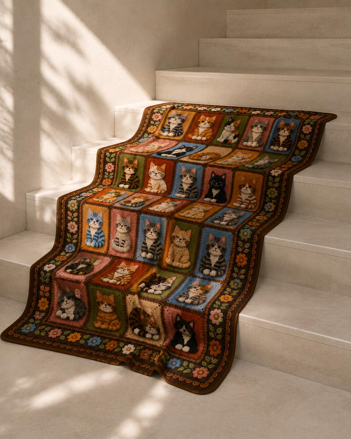 Printed Cat Patchwork Plush Throw Blanket — Crochet-Inspired Design